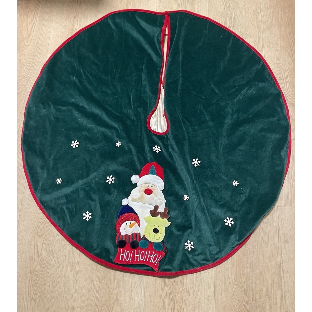Vintage Christmas Tree Skirt Santa Snowflakes Snowman Reindeer Velvet Material